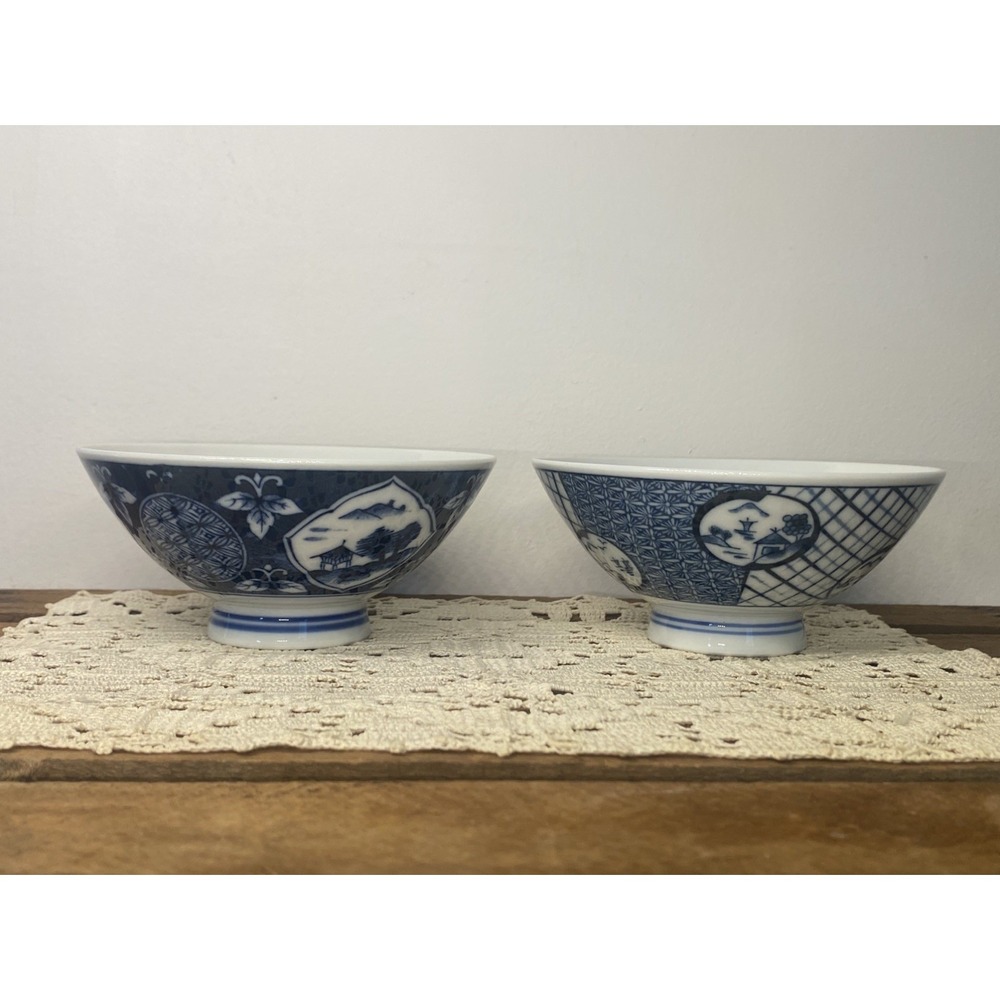 Vintage Japanese Porcelain Rice or Soup Footed Bowls Blue and White Signed